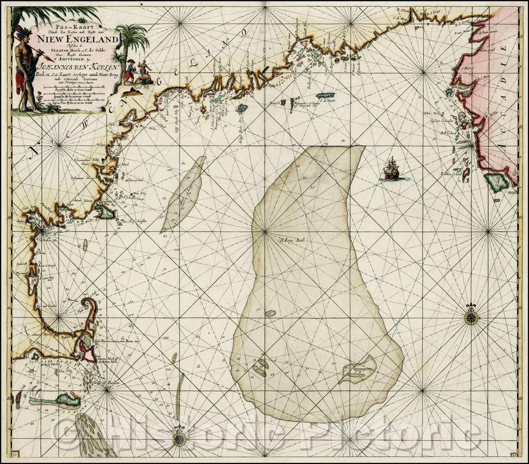 Historic Map - Pas-Kaart Vande Zee Kusten inde boght van Niew Engeland Tusschen de Staate :: Sea Coasts end boght of New England Staaten, 1695 - Vintage Wall Art