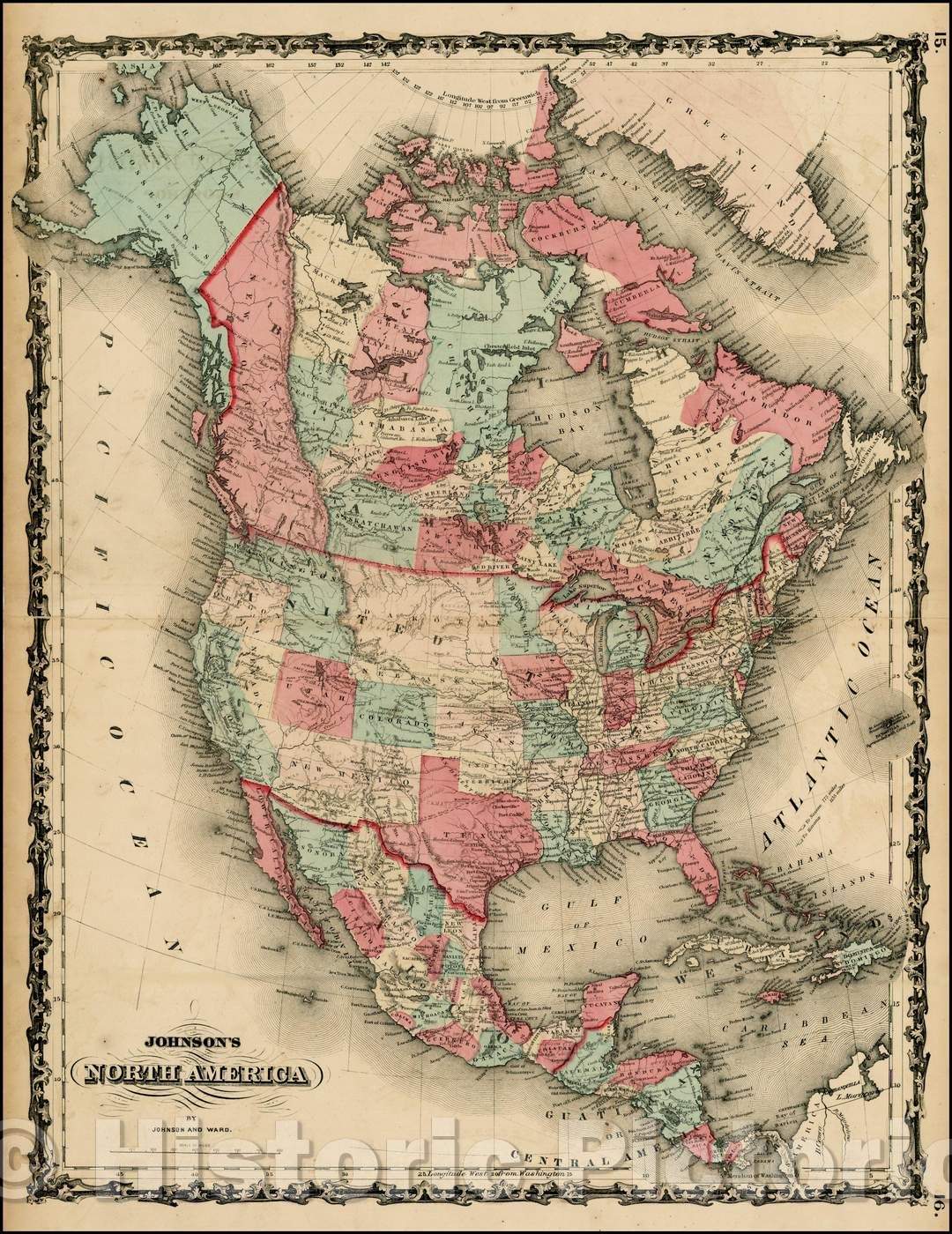 Historic Map - Johnson's North America, 1862, Benjamin Ward - Vintage Wall Art