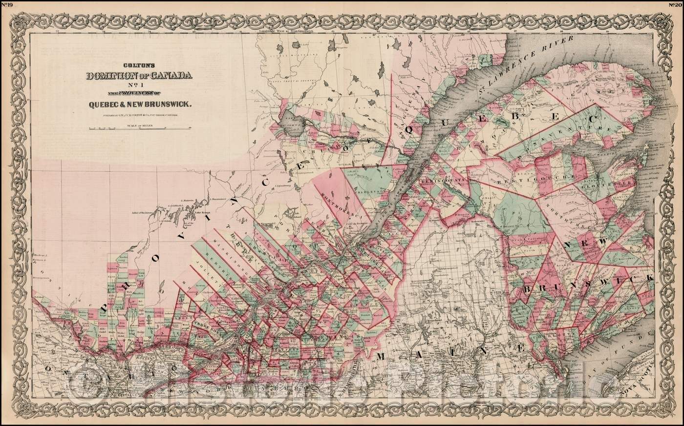 Historic Map - Colton's Dominion of Canada No. 1 the Provinces of Quebec & New Brunswick, 1865, G.W. & C.B. Colton - Vintage Wall Art