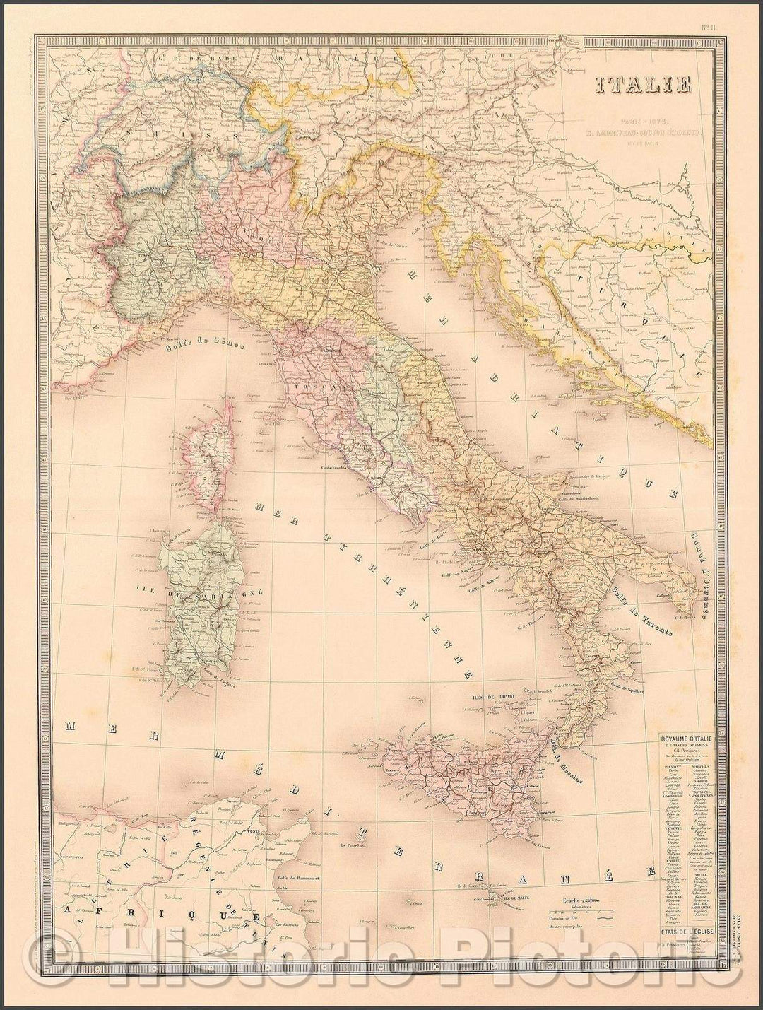 Historic Map - Italie/Map of Italy, colored by provinces, list of provinces and states of the Church, Sicily, Corsica and Sardinia, 1876 - Vintage Wall Art