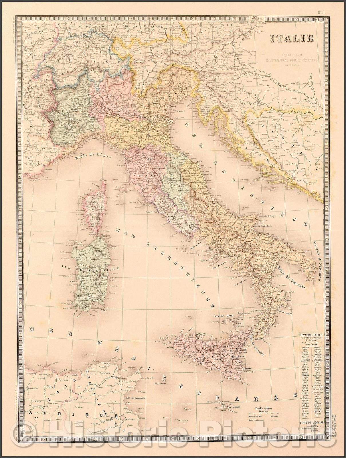 Historic Map - Italie/Map of Italy, colored by provinces, list of provinces and states of the Church, Sicily, Corsica and Sardinia, 1876 - Vintage Wall Art