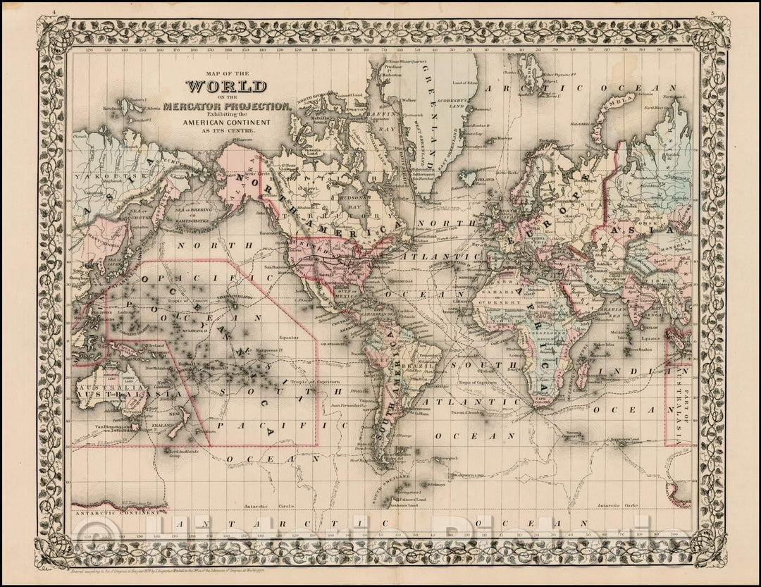 Historic Map - Map of the World on The Mercator Projection, Exhibiting the American Continent As Its Centre, 1866, Samuel Augustus Mitchell Jr. - Vintage Wall Art