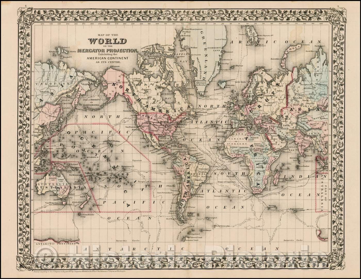 Historic Map - Map of the World on The Mercator Projection, Exhibiting the American Continent As Its Centre, 1866, Samuel Augustus Mitchell Jr. - Vintage Wall Art