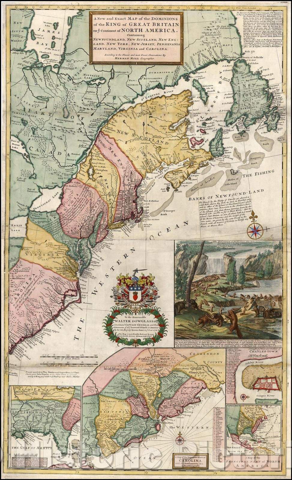 Historic Map - A New and Exact Map of the Dominions of the King of Great Britain on ye Continent of North America, 1715, Herman Moll - Vintage Wall Art