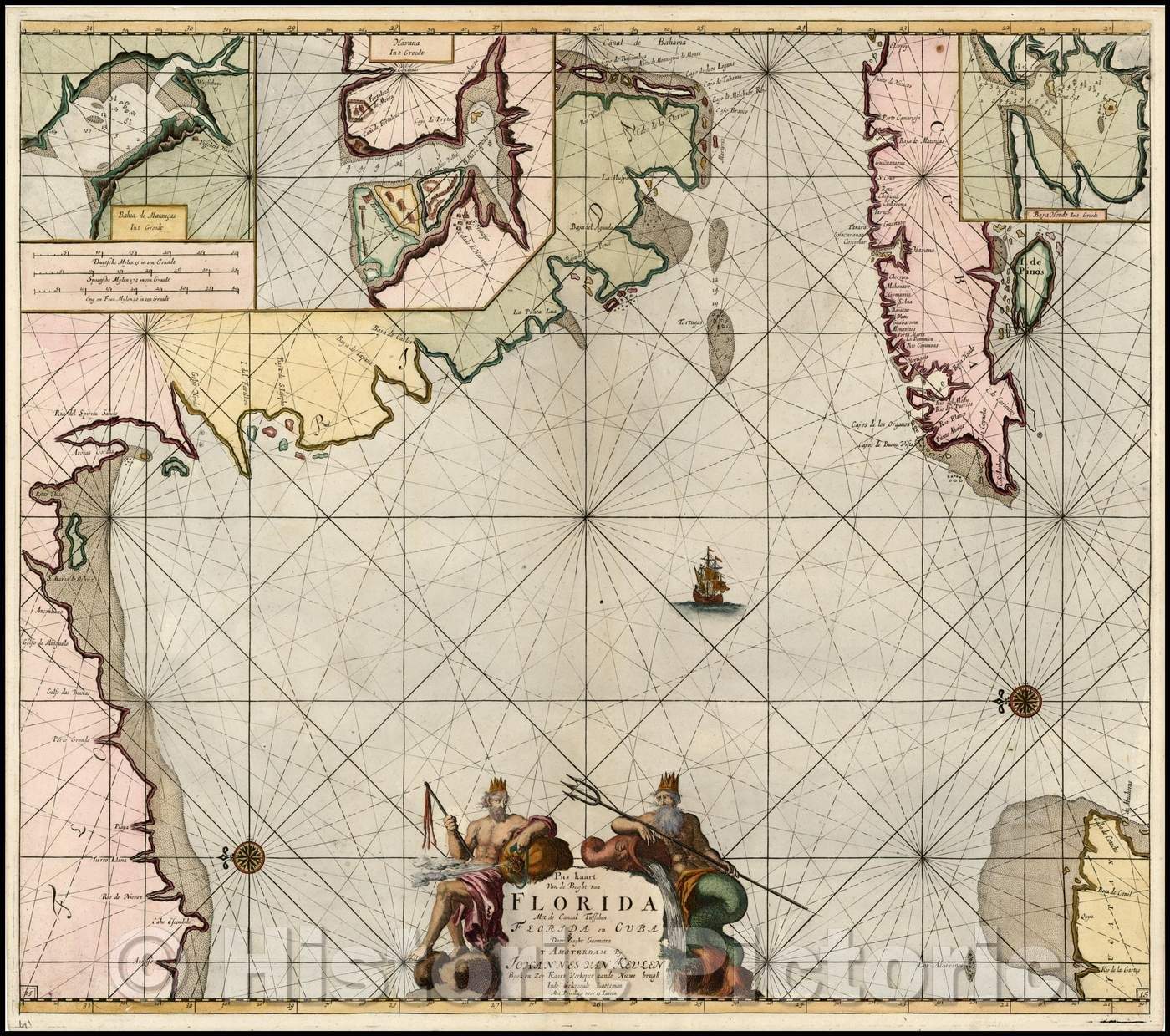 Historic Map - Pas Kaart Van De Boght van Florida Met de Canaal Tusschen Florida en Cuba Door Vooght Geometra, 1684, Johannes Van Keulen - Vintage Wall Art