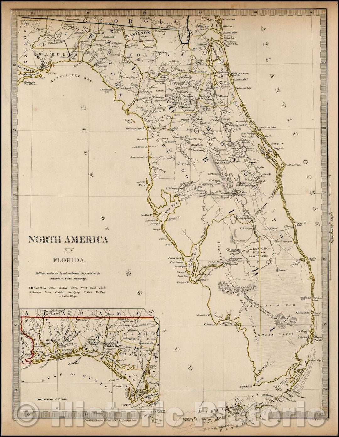 Historic Map - North America XIV Florida, 1832, SDUK - Vintage Wall Art