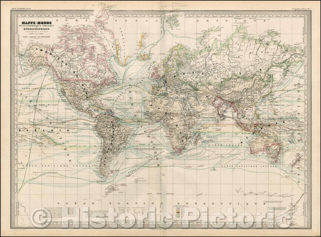 Historic Map - Mappe-Monde Planispherique Physique et Hydrographique/World Map, handcolored by continent and country, 1858, Adolphe Hippolyte Dufour - Vintage Wall Art