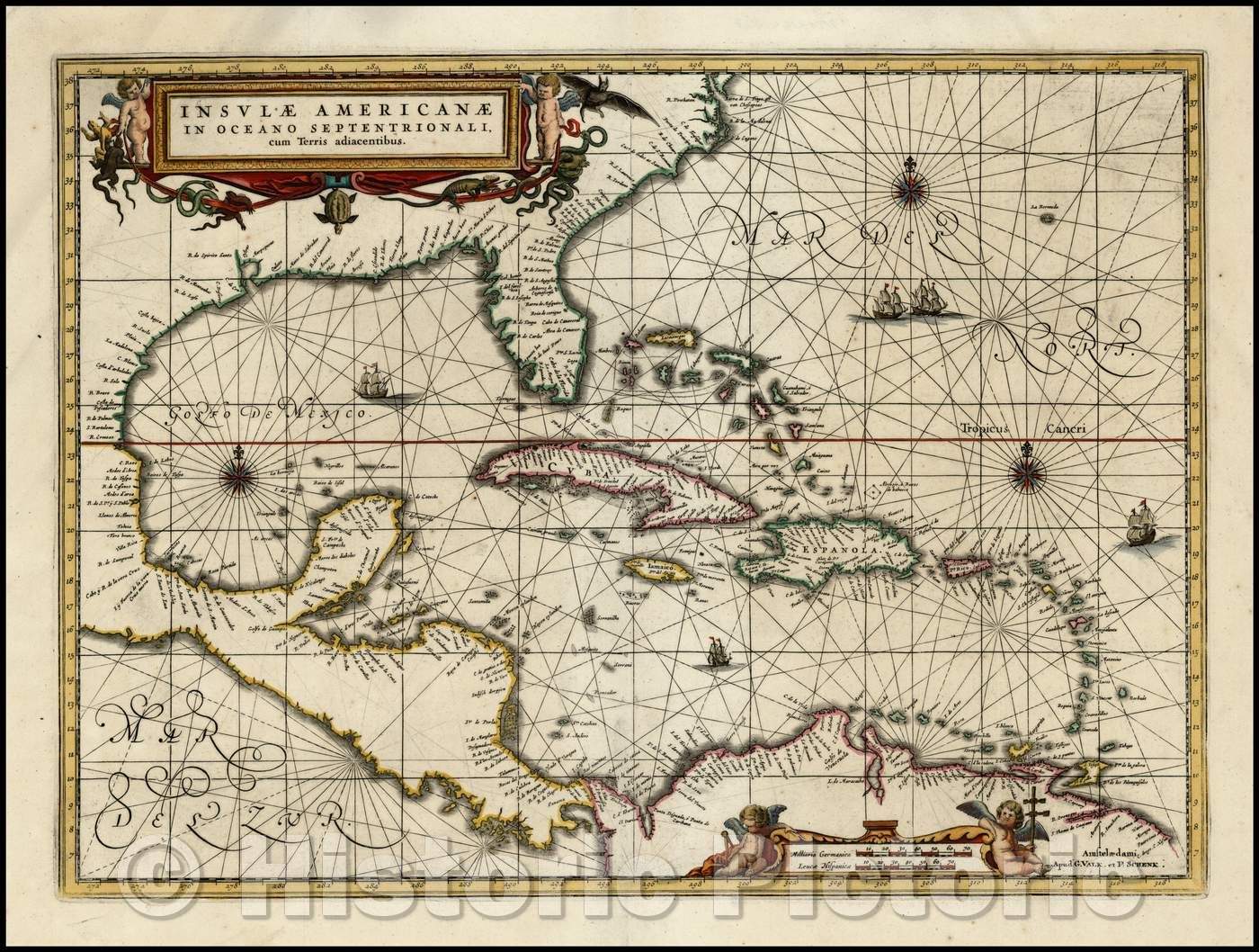 Historic Map - Insulae Americanae in Oceano Septentrionali cum Terris adiacentibus, 1690, Peter Schenk - Vintage Wall Art