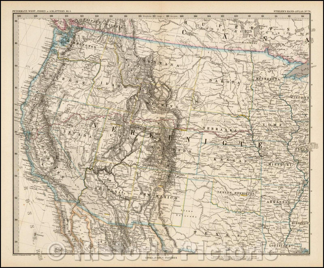 Historic Map - Vereinigte Staaten, Blattern 1 (Western United States) / Map of Region illustrating the great precision in Stieler's work, 1882, Adolf Stieler - Vintage Wall Art