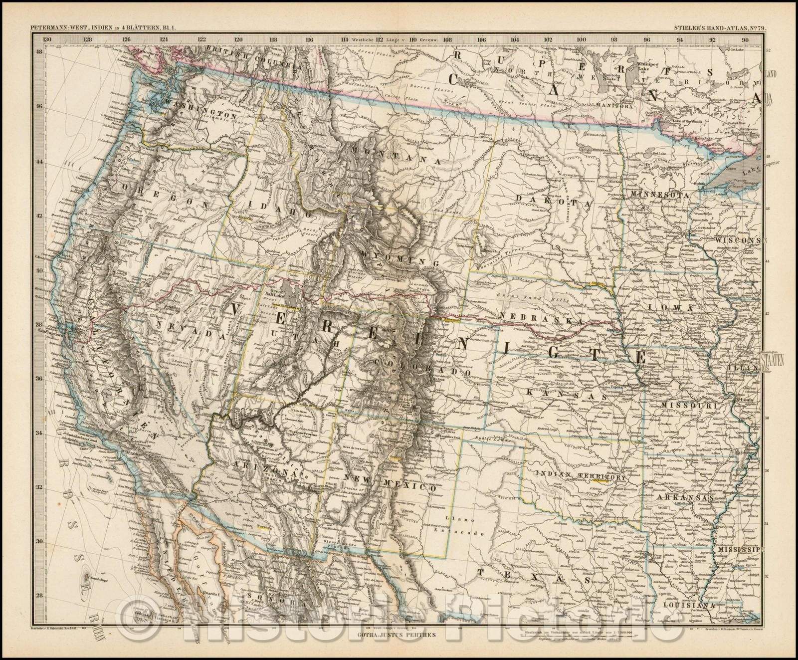 Historic Map - Vereinigte Staaten, Blattern 1 (Western United States) / Map of Region illustrating the great precision in Stieler's work, 1882, Adolf Stieler - Vintage Wall Art