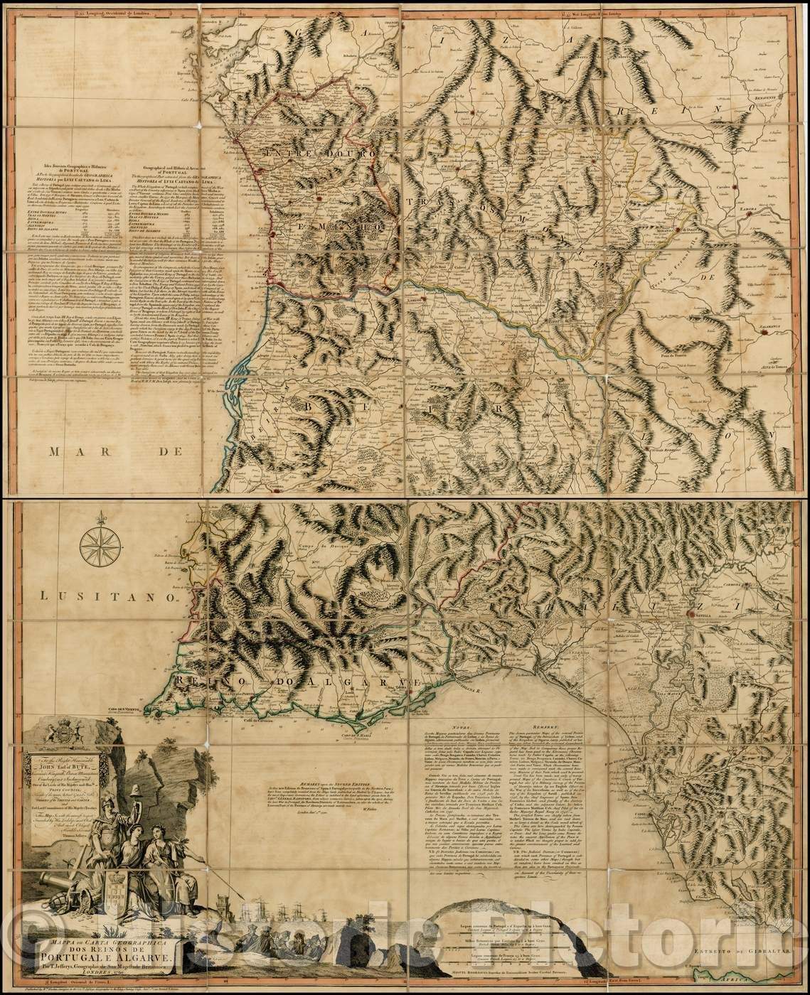 Historic Map - Mappa ou Carta Geographica Dos Reinos De Portugal :: Second edition of Jefferys of Portugal and part of Spain, published in London in 1762, 1790 - Vintage Wall Art