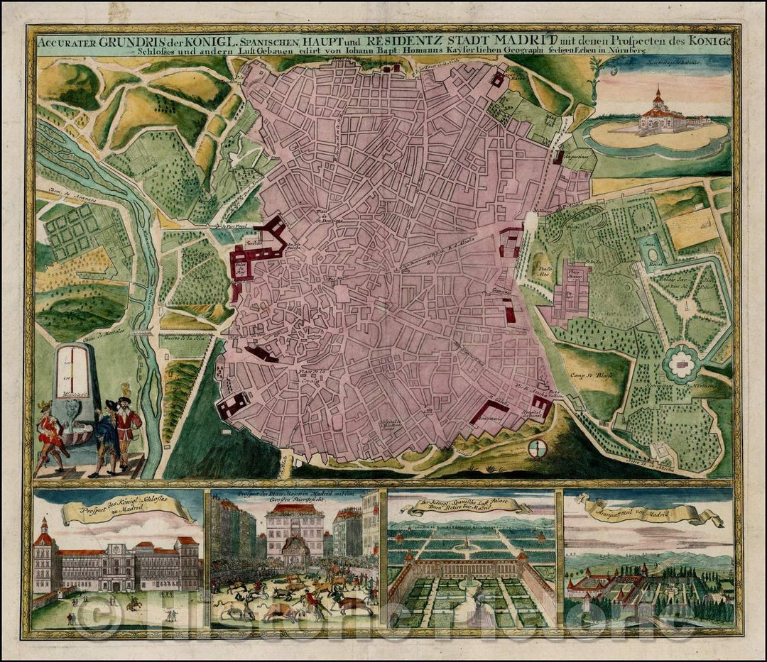 Historic Map - Accurater Grundris der Konigl. Spanischen Haput und Residentz Stadt/Homann's Plan of Madrid in full original color, 1730, Homann Heirs - Vintage Wall Art