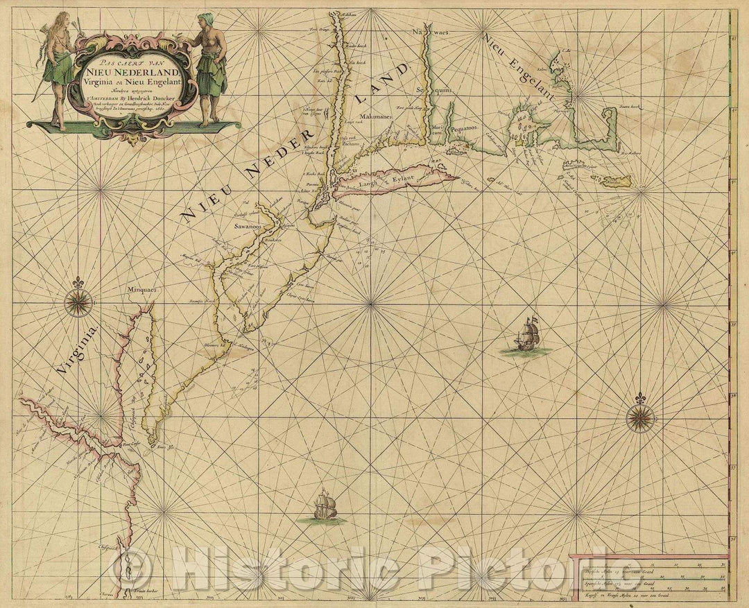 Historic Map - Pas Caert Van Nieu Nederland, Virginia en Nieu Engelant/Dutch Charts of New Netherlands, New England and the Chesapeake Region, 1660 - Vintage Wall Art