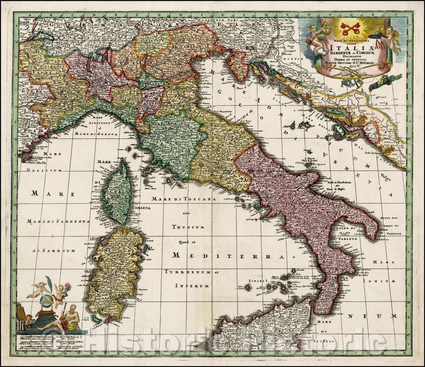 Historic Map - Nova et Exactissima Totius Italiae Sardiniae et Corsicae/Map of Italy, colored by Kingdoms, 1730, Matthaus Seutter - Vintage Wall Art