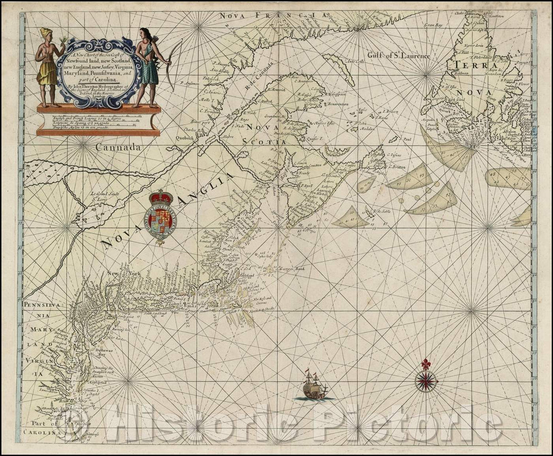 Historic Map - A New Chart of the Sea Coast of Newfound land, new Scotland, new England, new Jersey, Virginia, Maryland, Pennsylvania, and part of Carolina, 1685 v1