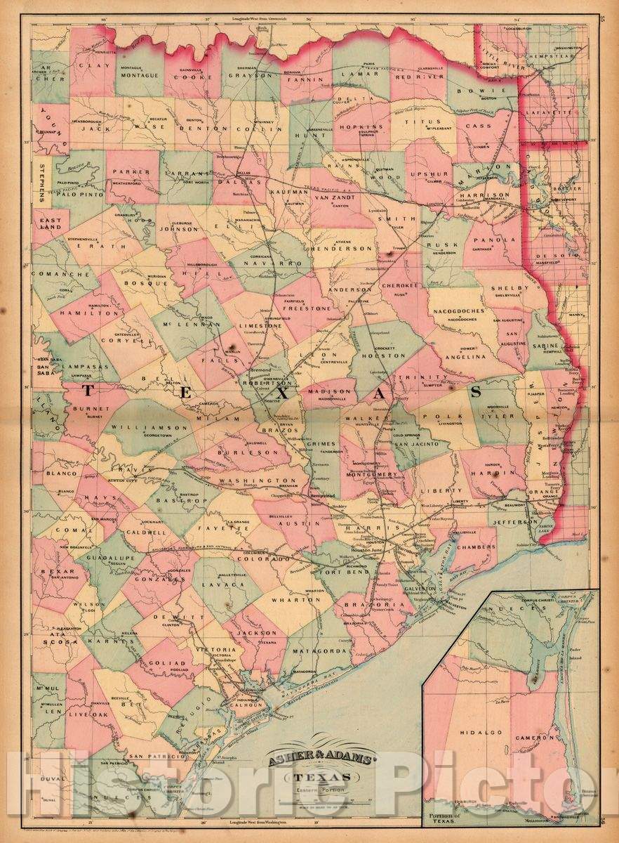 Historic Map - Asher & Adams' Texas Eastern Portion, 1874, Asher v1