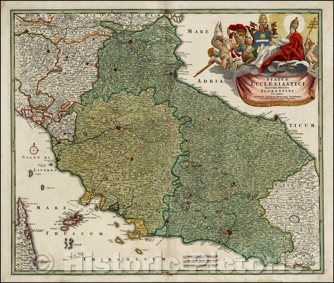 Historic Map - Status Ecclesiastici Magnique Ducatus Florentini/Homann's Map of Central Italy, from Ferrara, Parma and Cremona to Territorium Romanum, 1707 - Vintage Wall Art