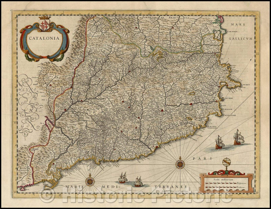 Historic Map - Catalonia, 1636, Willem Janszoon Blaeu - Vintage Wall Art