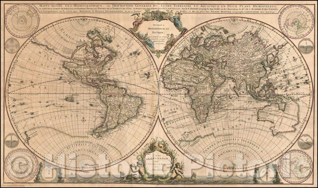 Historic Map - Mappe-Monde Geo-Hydrographique, ou Description Generale/Double hemisphere Map of the World, 1721, Johannes Covens - Vintage Wall Art