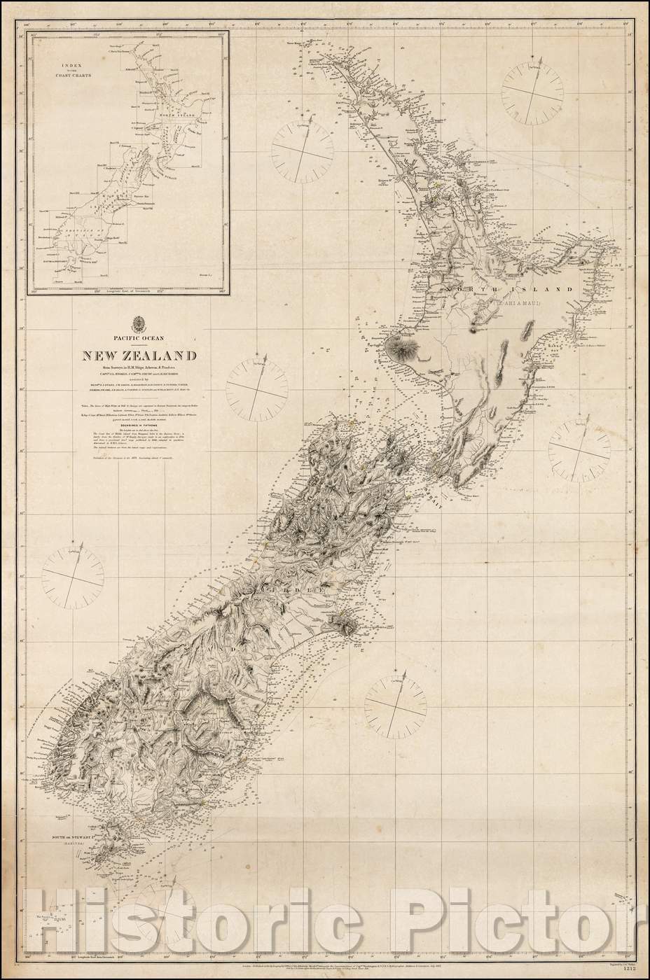 Historic Map - New Zealand from Surveys in H.M. Ships Acheron & Pandora Captn. J.L. Stokes, Commdrs. B. Drury and G.H. Richards, 1872, British Admiralty - Vintage Wall Art