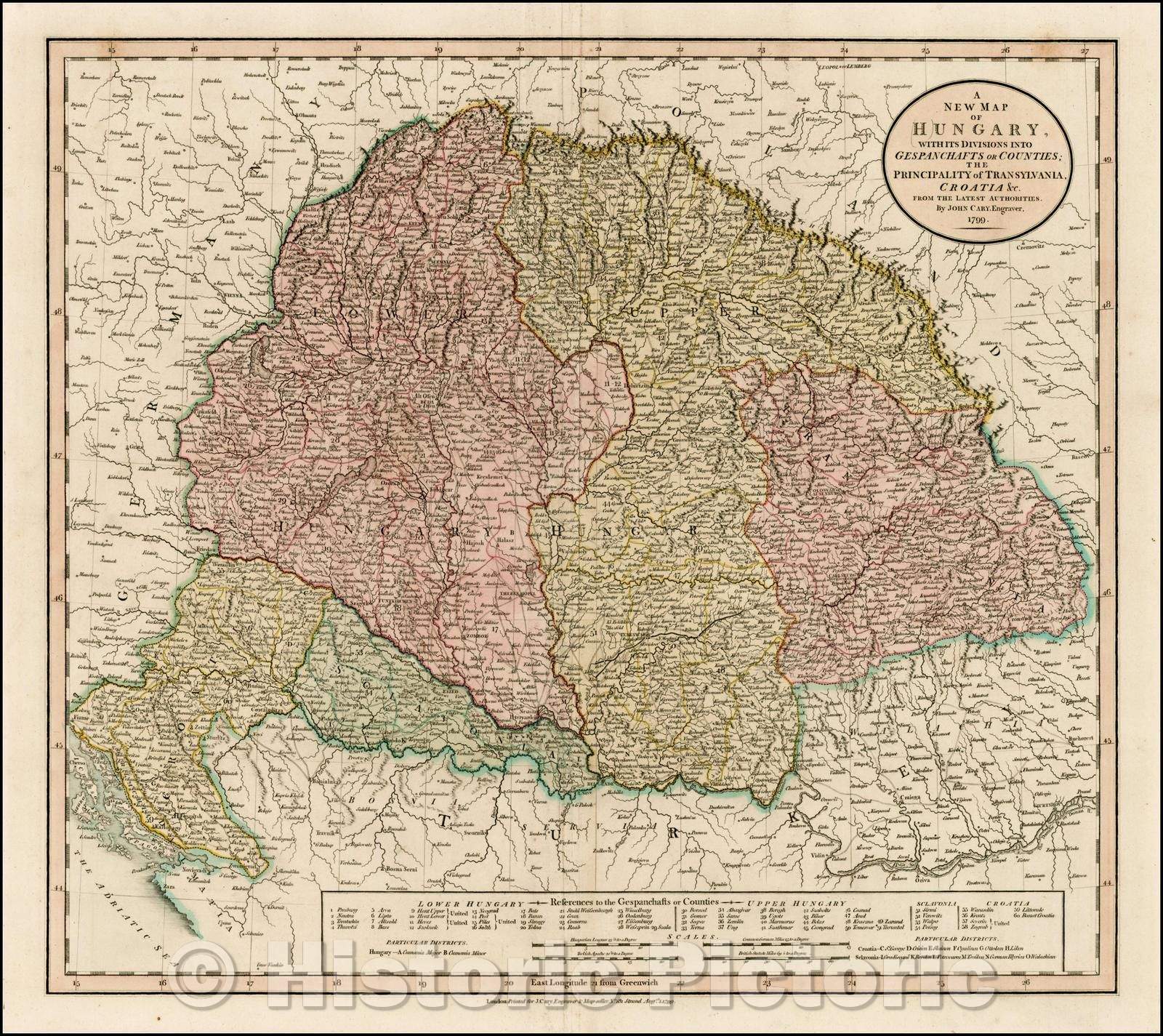 Historic Map - Hungary with its Divisions into Gespanchafts or Counties: The Principality of Transylvania, Croatia &c, 1799, John Cary - Vintage Wall Art