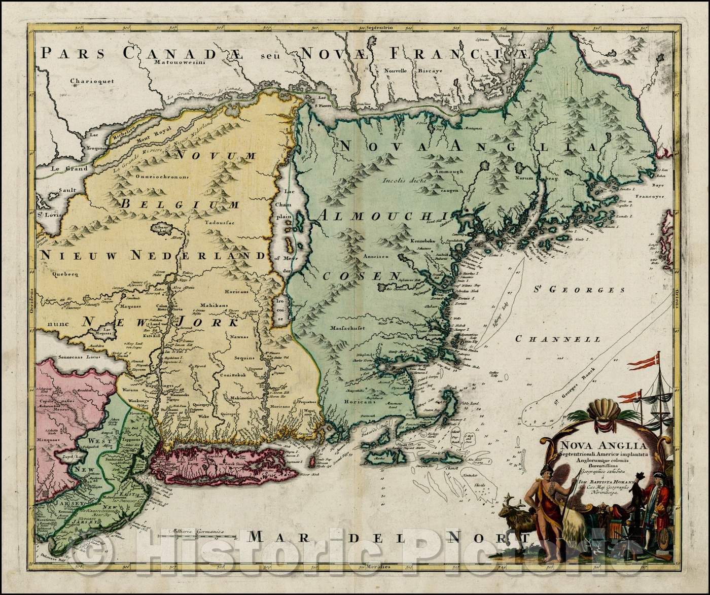 Historic Map - Nova Anglia Septentrionali Americae imPlantata Anglorumique/Homann's Map of the Northeast, Maine and the St. Lawrence, 1720 - Vintage Wall Art