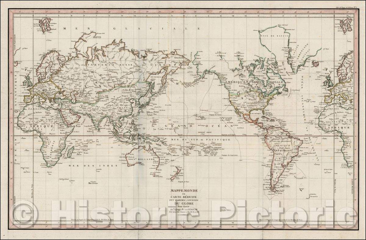 Historic Map - Mappemonde ou Carte Reduite Des Parties Connues Du Globe/La Perouse's Map of the World on Mercator's projection, 1797 - Vintage Wall Art