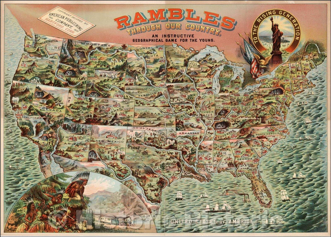 Historic Map - Rambles Through Our Country. An Instructive Game For The Young, 1890, American Publishing Co. - Vintage Wall Art