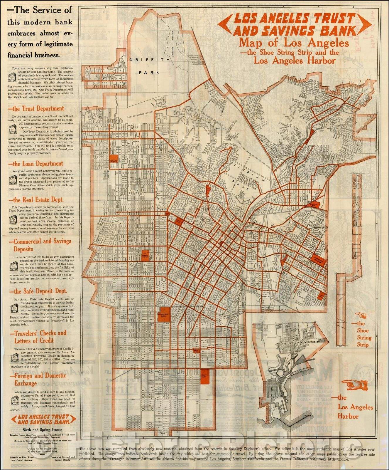 Historic Map - Los Angeles Trust and Savings Bank Map of Los Angeles - the Shoe String Strip and Los Angeles Harbor, 1915, George Clason - Vintage Wall Art