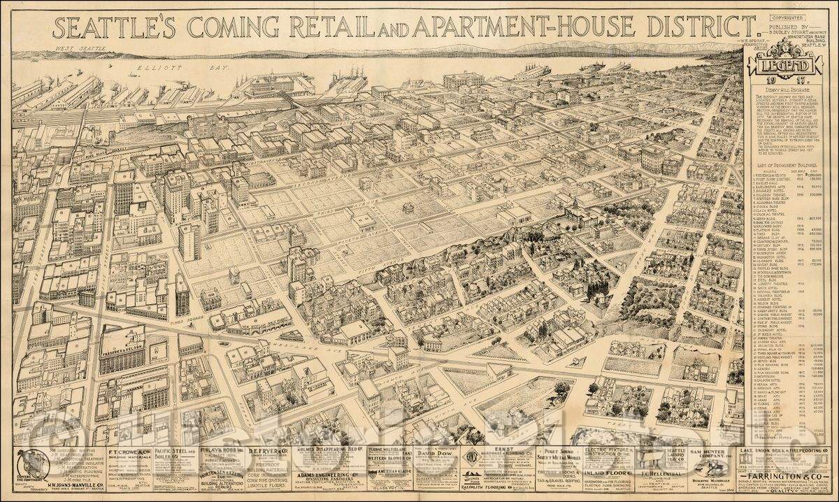 Historic Map - Seattle's Coming Retail and Apartment-House District, 1917, B. Dudley Stuart - Vintage Wall Art