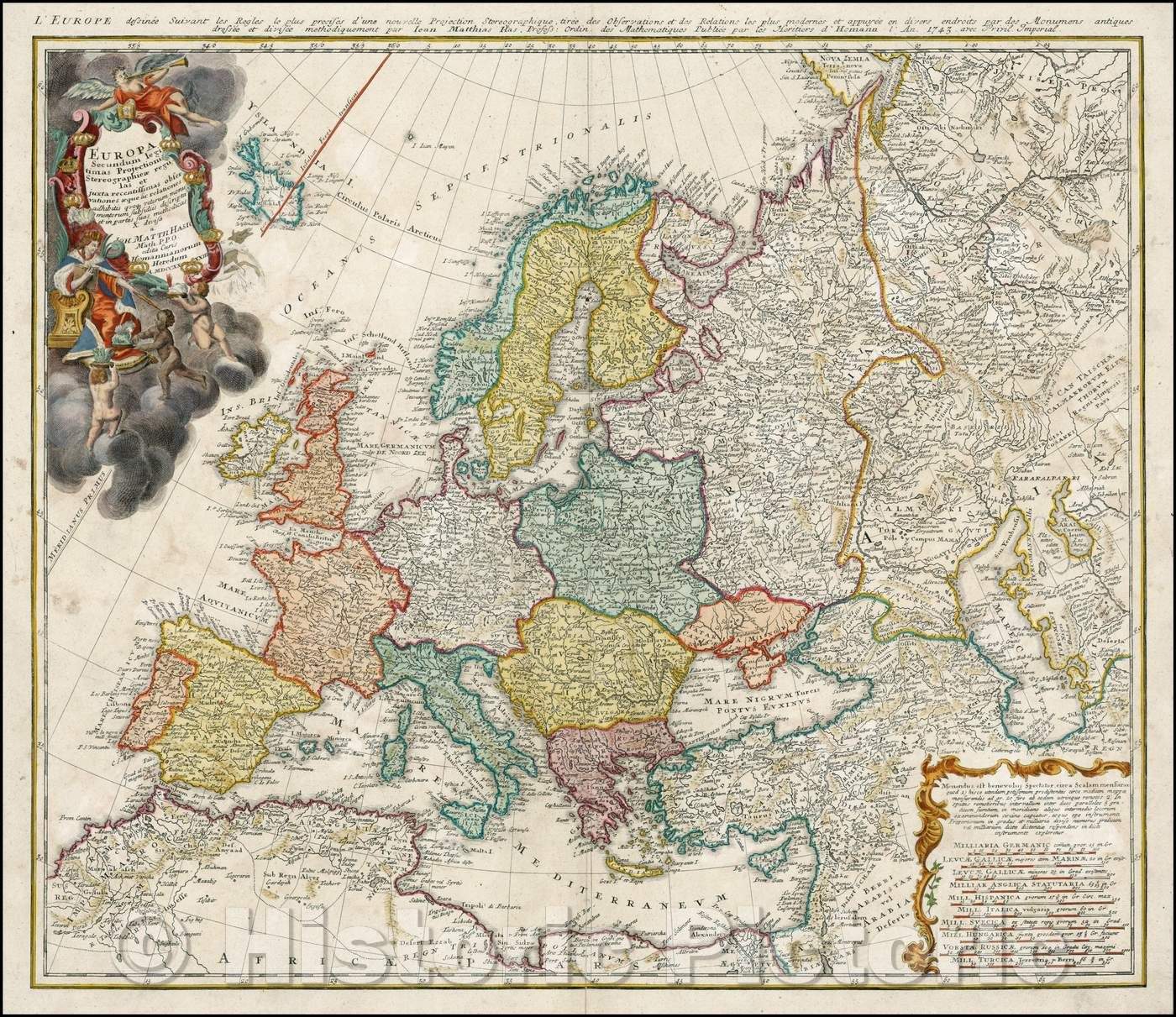 Historic Map - Europa Secundum legitimas Projectionis Stereographicae/Map of Europe, cities, towns, rivers, mtns, lakes, etc, 1743, Johann Matthaus Haas - Vintage Wall Art