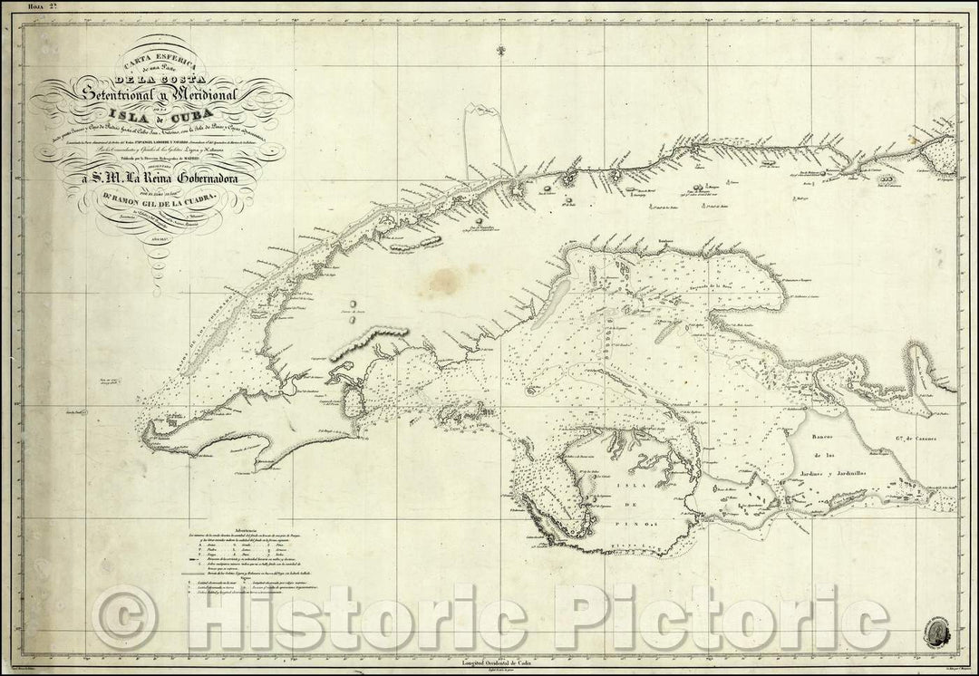 Historic Map - Carta Esferica De Una Parte de la Costa Setentrional y Meridional de la Isla de Cuba/Chart of Cuba from official Spanish sources, 1837 - Vintage Wall Art