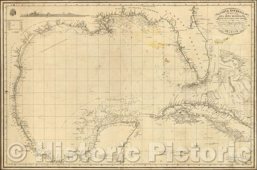 Historic Map - Carta Esferica de las costas Del Seno Mexicano/Spanish Sea Chart of the Gulf Coast, Florida, Texas, 1836, Direccion Hidrografica de Madrid - Vintage Wall Art