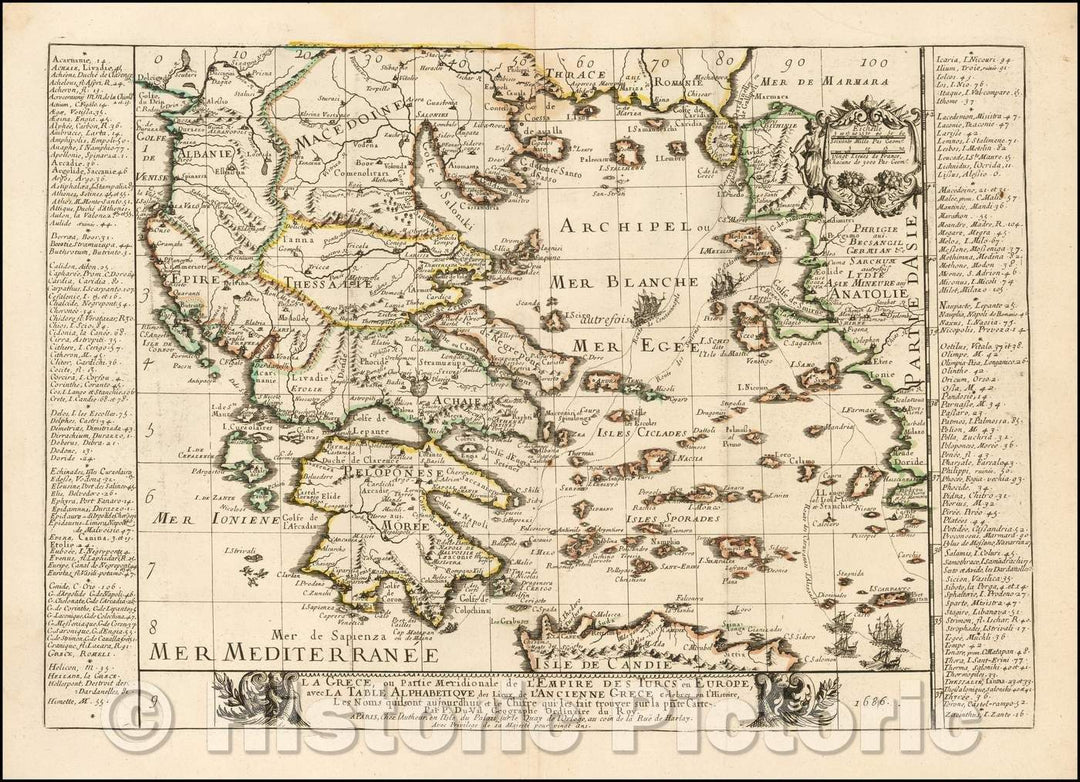 Historic Map - La Grece, ou Partie Meridionale de L'Empire De Turcs en Europe, avec La Table Alphabetique, 1686, Pierre Du Val v1