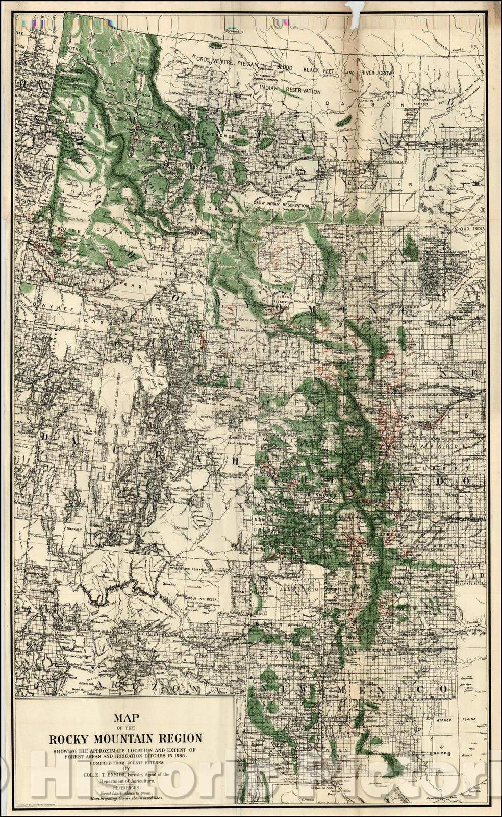 Historic Map - Map of the Rocky Mountain Region Showing The Approximate Location And Extent of Forest Areas And Irrigation Ditches In, 1885, Hoen & Co. v1