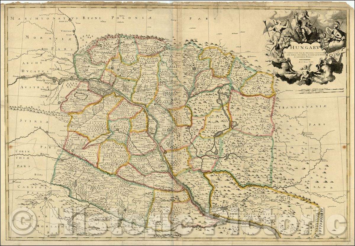 Historic Map - Hungary. Corrected from the Observaions Communicated to the Royal Society at London, 1710, John Senex - Vintage Wall Art