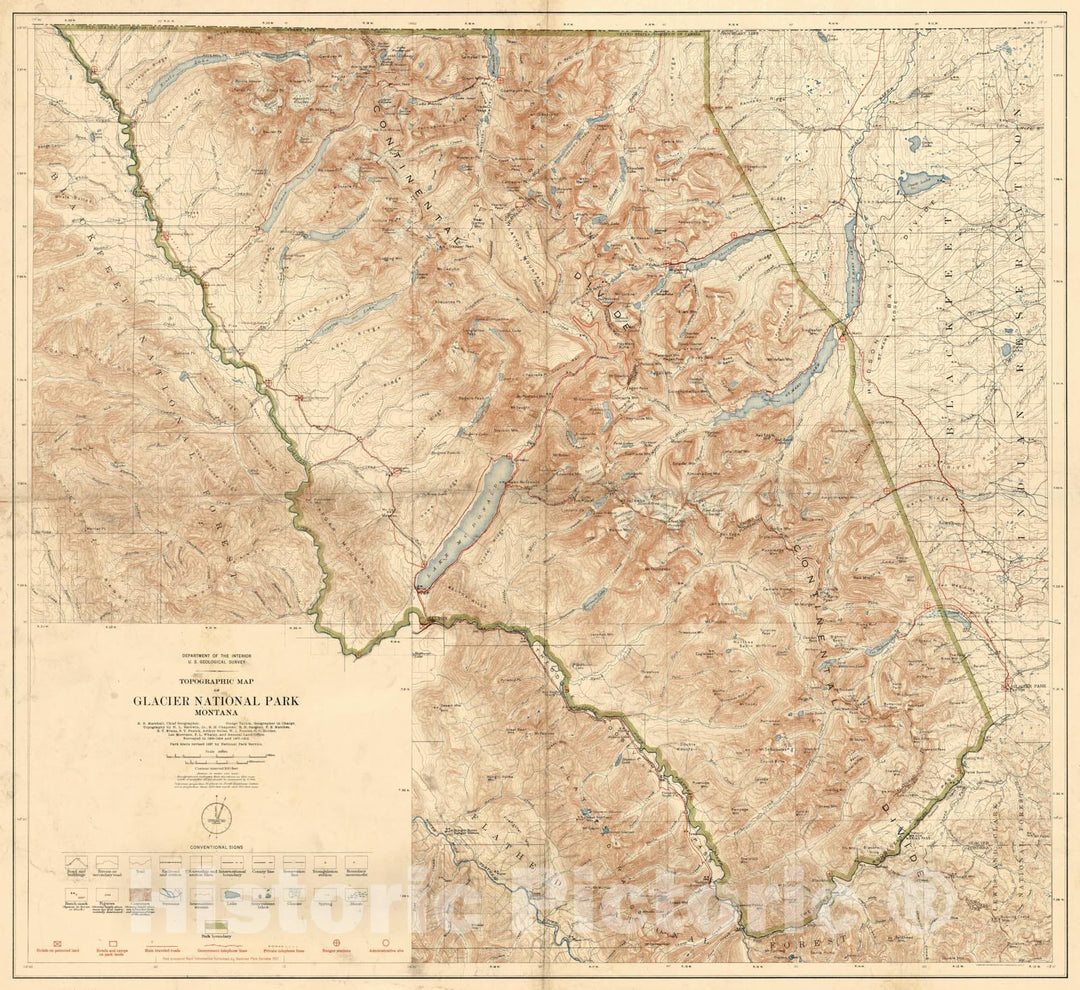 Historic Map - Topographical Map of Glacier National Park Montana, 1914, U.S. Geological Survey - Vintage Wall Art