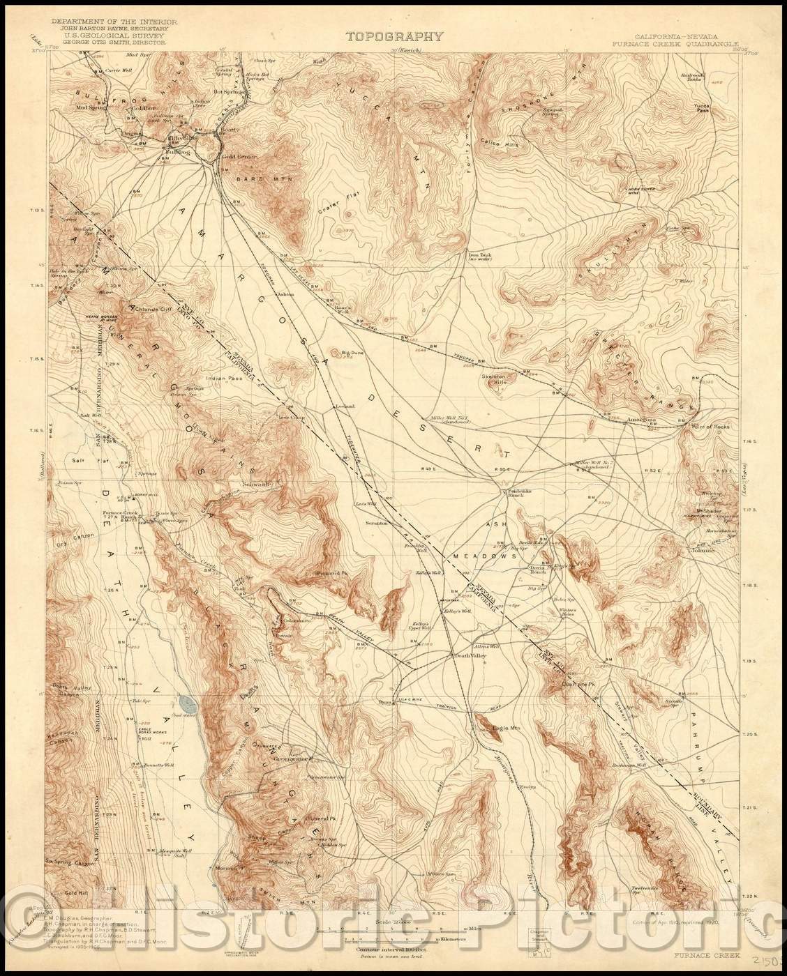 Historic Map - California - Nevada Furnace Creek Quadrangle, 1910, U.S. Geological Survey - Vintage Wall Art