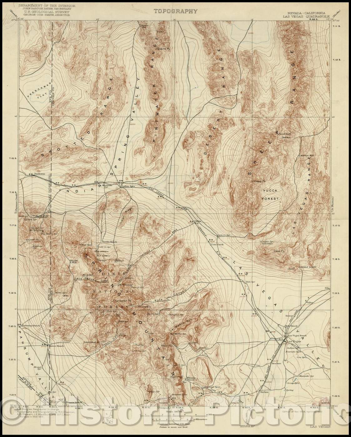 Historic Map - California - Nevada Las Vegas Quadrangle, 1908, U.S. Geological Survey - Vintage Wall Art