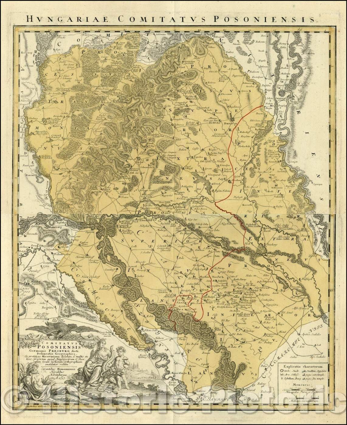 Historic Map - Comitatus Posoniensis Germanis Presburg dicti Delineatio Geographica/Map of Western Slovakia, including Bratislava, 1757, - Vintage Wall Art