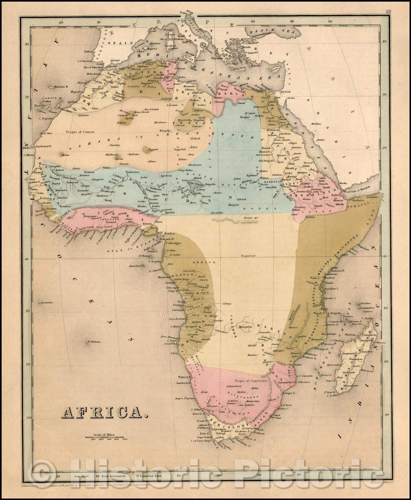 Historic Map - Africa, 1841, Thomas Gamaliel Bradford - Vintage Wall Art