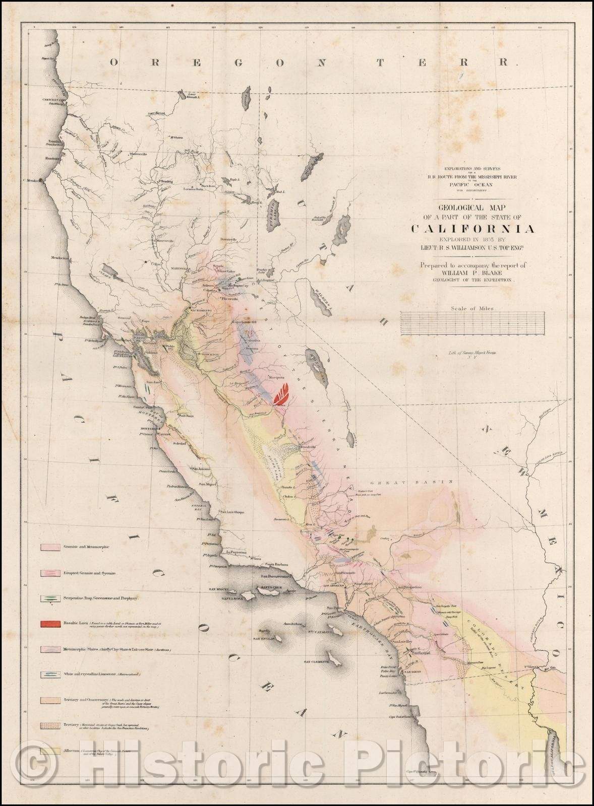 Historic Map - Geological Map of a Part of the State of California Explored in, 1853, U.S. Pacific RR Survey - Vintage Wall Art