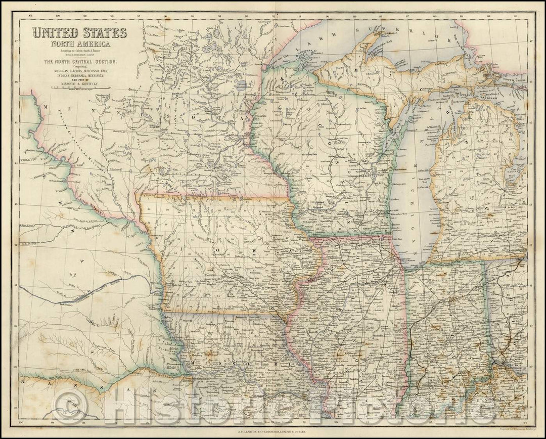 Historic Map - United States North America According to Calvin Smith& Tanner, 1855, Archibald Fullarton & Co. - Vintage Wall Art