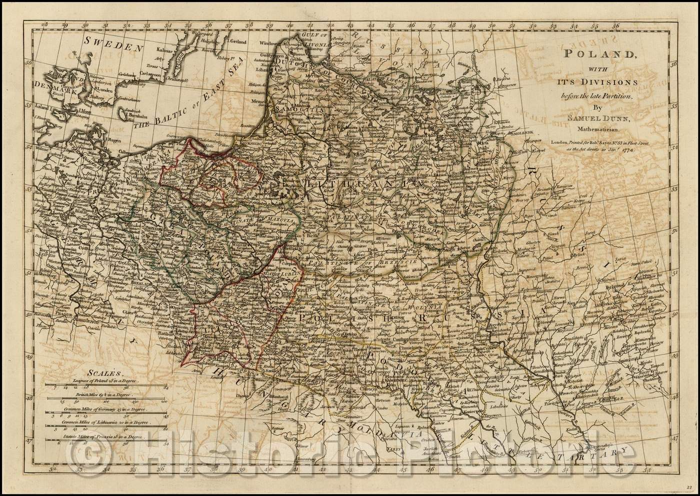 Historic Map - Poland, with its Divisions before the late Partition, 1774, Samuel Dunn - Vintage Wall Art