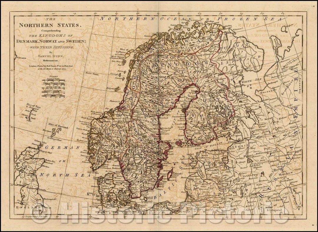 Historic Map - The Northern States, Comprehending The Kingdoms of Denmark, Norway and Sweden; With Their Divisions, 1774, Samuel Dunn - Vintage Wall Art