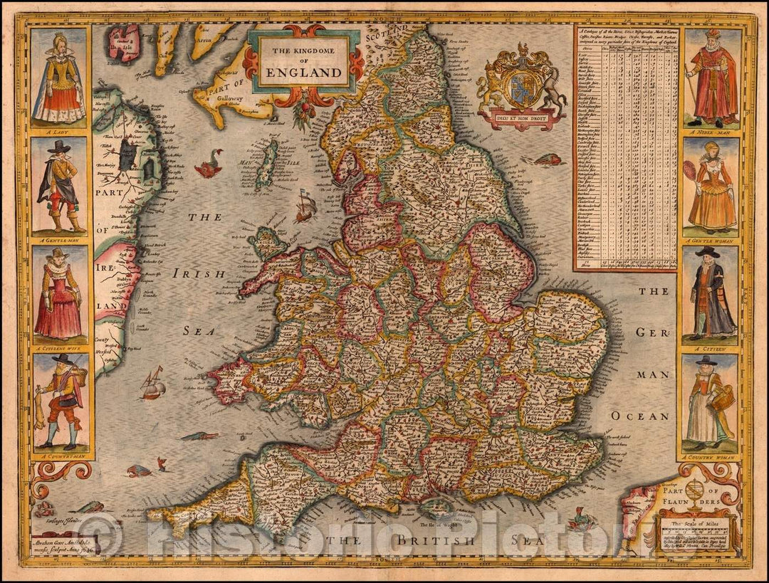 Historic Map - The Kingdome of England, 1651, John Speed - Vintage Wall Art