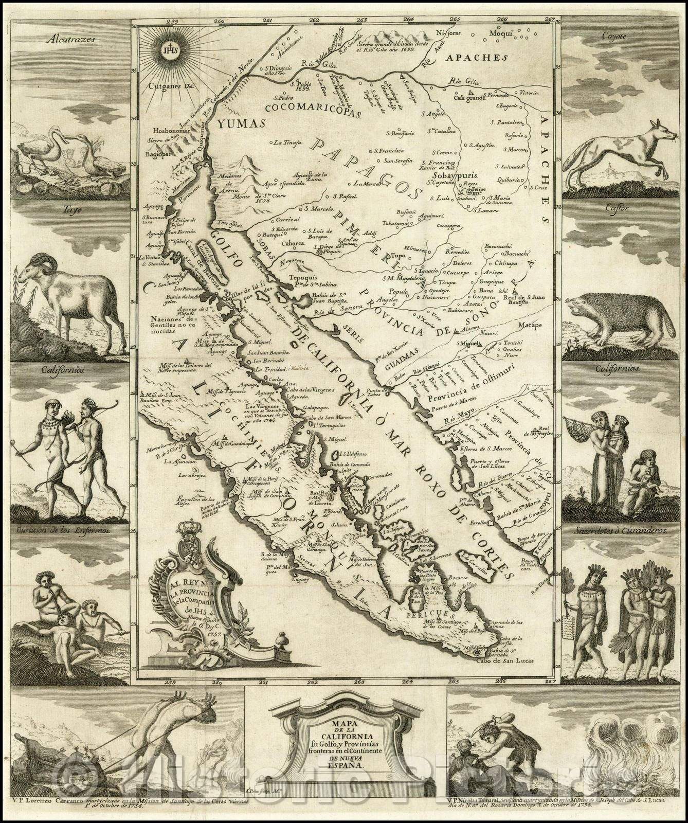 Historic Map - Mapa De La California su Golfo y Provincias fronteras en el Continente De :: Gulf and California borders on the continent Provinces of New Spain, 1757 - Vintage Wall Art