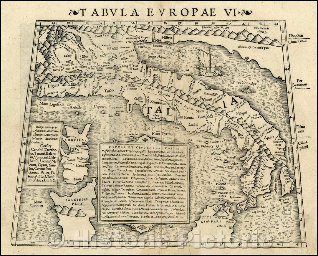 Historic Map - Tabula Europae VI [Italy & Corsica] / Munster's Map of Italy, Corsica and neighboring Islands, based on Ptolemy, 1542, Sebastian M?nster - Vintage Wall Art