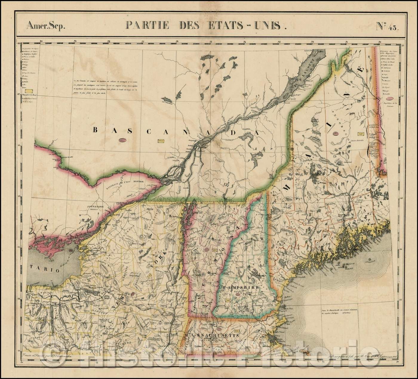 Historic Map - Amer. Sep. No. 43 Partie Des Etats-Unis/Regional Map, showing counties, towns, raods, rivers, lakes etc of New England and New York, 1825 - Vintage Wall Art