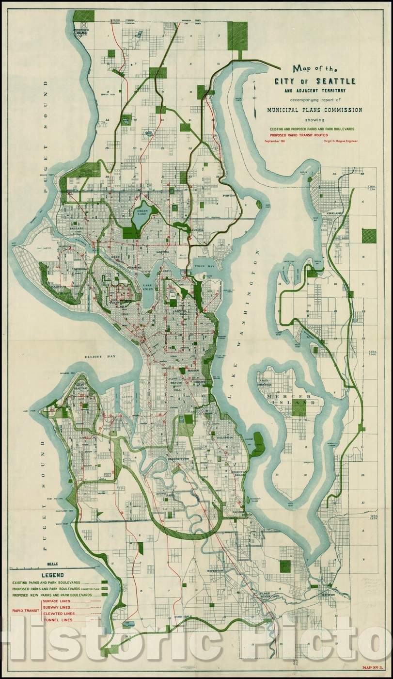 Historic Map - Map of the City of Seattle And Adjacent Territory accompanying report of Municipal Plans Commission, 1911, Virgil Gay Bogue - Vintage Wall Art